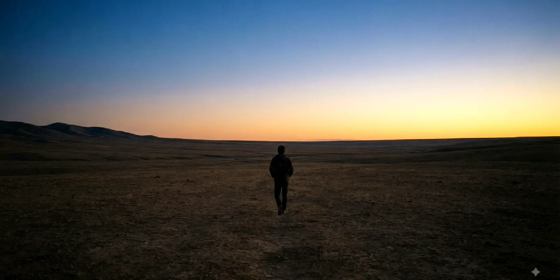 a solitary figure walking toward the horizon at dusk