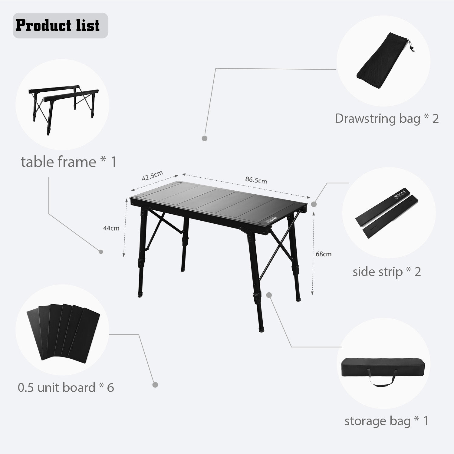 Product list: table frame, side strap, storage bag, and others. DiaNorth-Hokkaido
