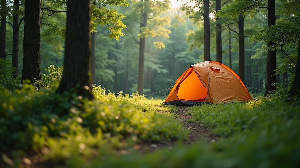 Eye-level view of a tent pitched in a lush green forest