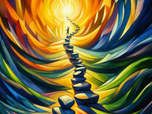 A distant figure walks carefully along a path of stepping stones