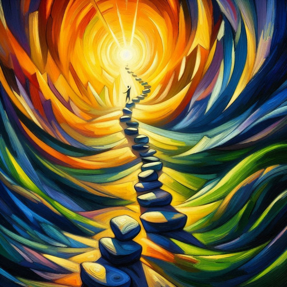 A distant figure walks carefully along a path of stepping stones