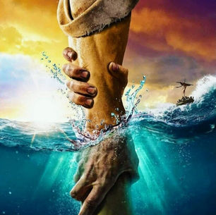 A hand reaches down to clasp another hand that is reaching out of water