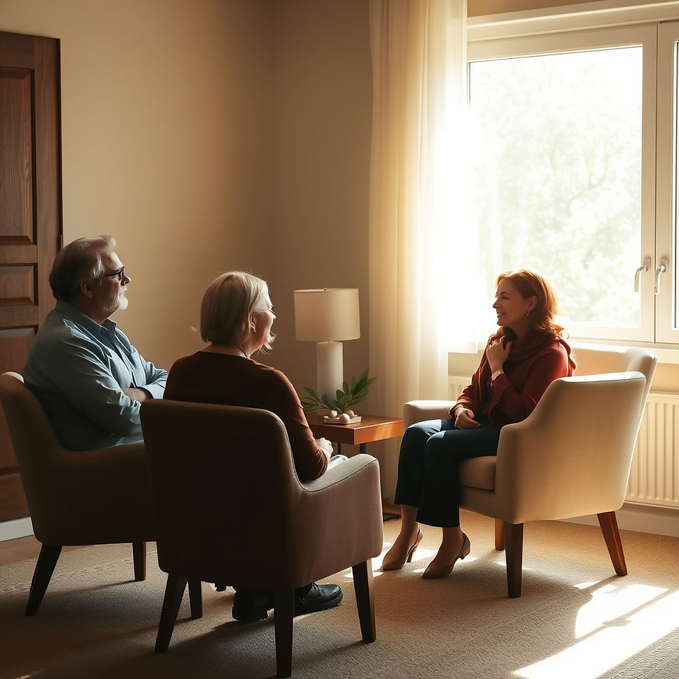 Image of a warm, peaceful room where two prayer ministers, male and female, sit across fr