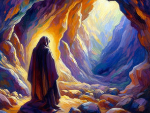 A fauvist expressionist depiction of elijah standing at the mouth of the cave, evoking mystery and awe - as told in 1 Kings 19:9-18