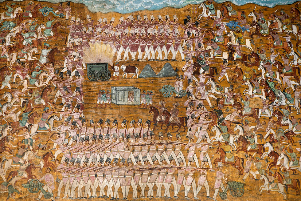 Interesting paintings on the walls depicting battle scenes