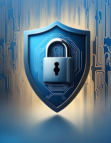 A metallic shield icon with a padlock in the center set against a digital circuit board background, illustrating concepts of cybersecurity and data protection.