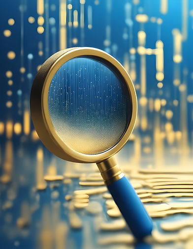 A magnifying glass focused on a digital landscape, with a detailed zoom on a circuit board pattern resembling a cityscape, symbolizing the scrutiny of technology or data analysis with a golden glow and blue tones.