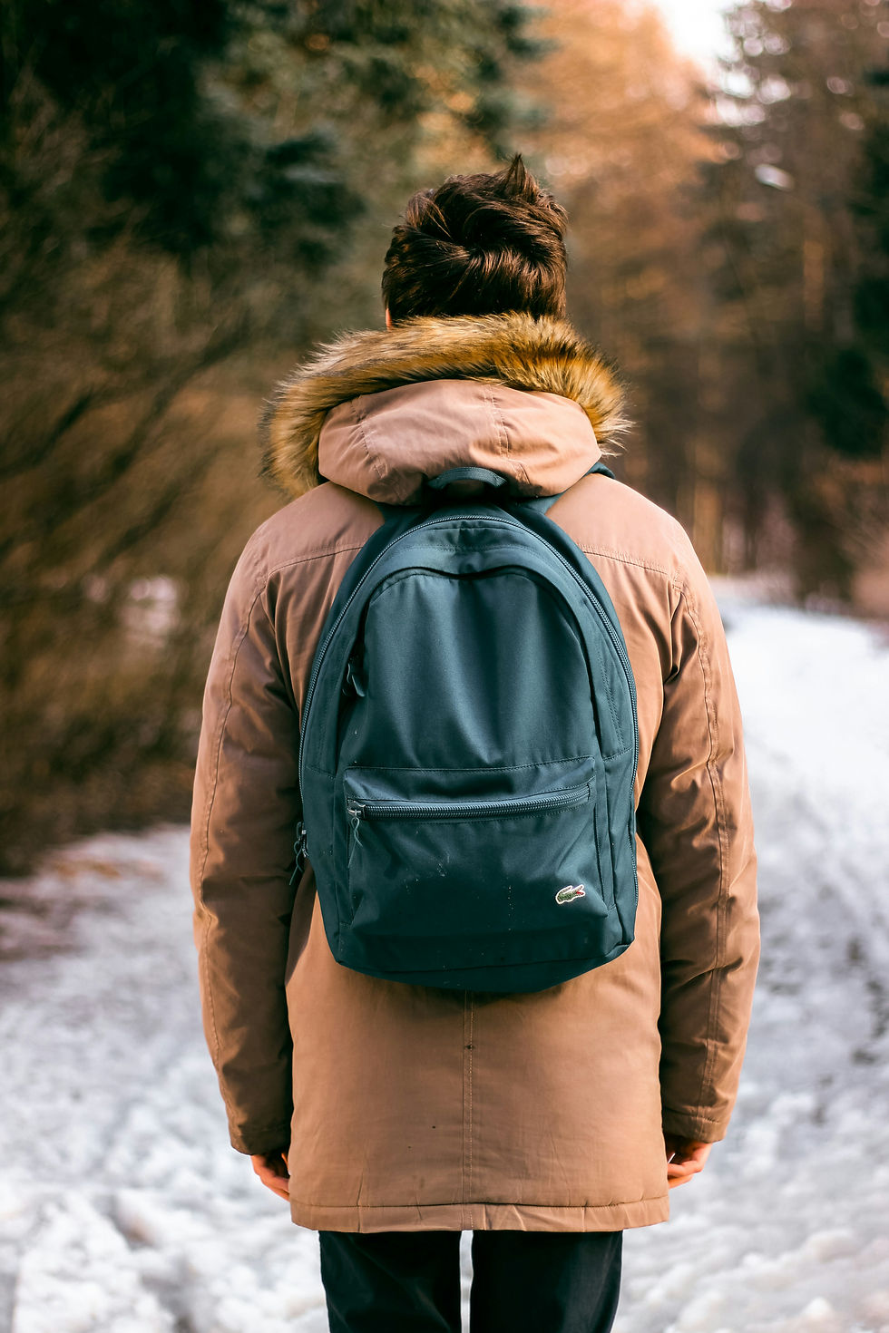 Back view of a person wearing a winter jacket and a dark green backpack, walking on a snowy path surrounded by trees.