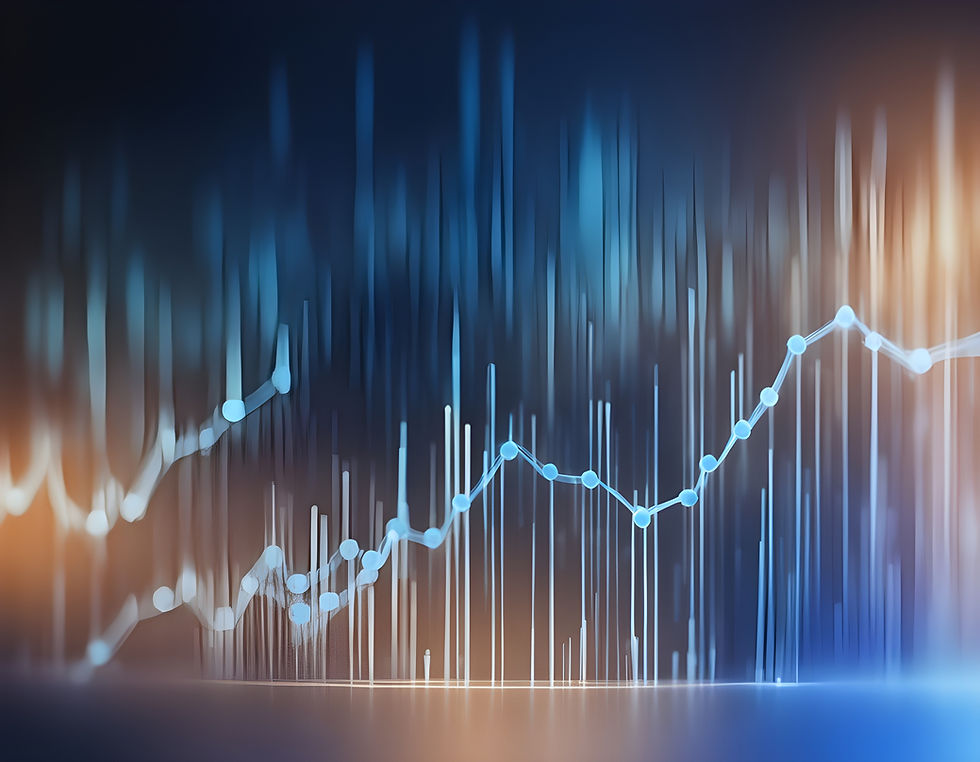 A digital representation of a rising graph with multiple blue lines and glowing points, set against a blurred dark background. The image suggests data trends, analytics, or financial growth.