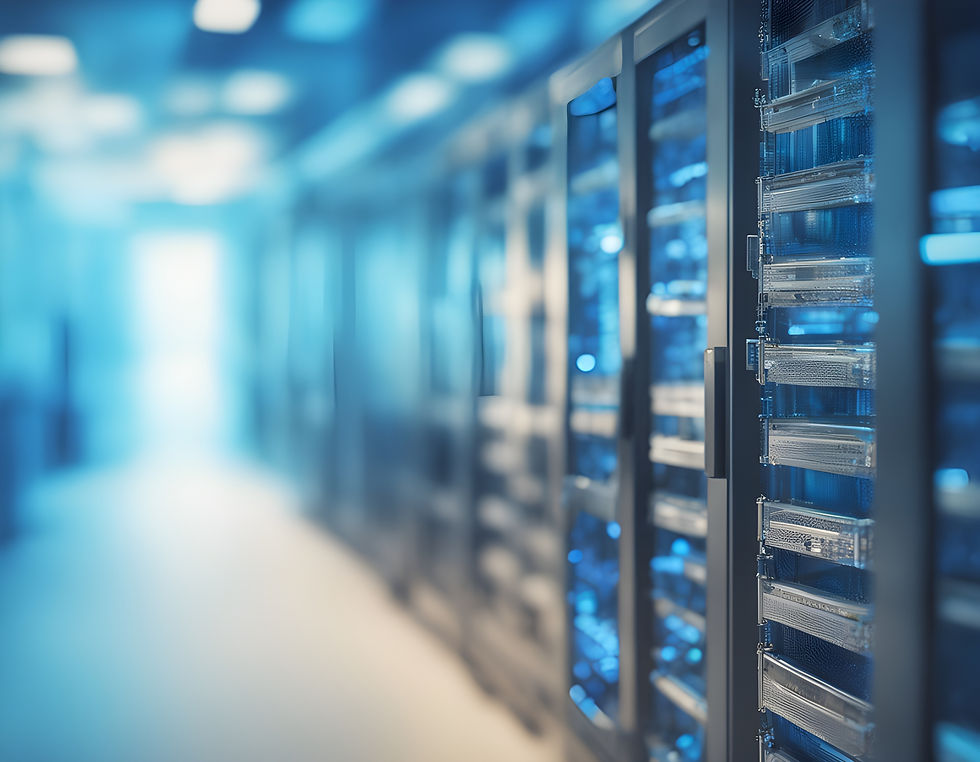 A modern, brightly lit data center featuring rows of servers in secure racks with blue ambient lighting.
