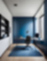 A stylish executive office with deep blue walls and a spacious desk facing a large window, offering a view of urban high-rises, complemented by a sleek black office chair, and a neat, organized shelf, in a modern and minimalist design.