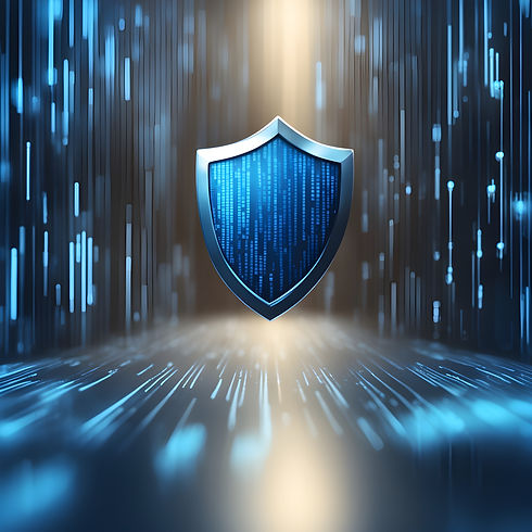 A gleaming metallic shield with a digital blue patterned surface floats in the center of a virtual space, with streams of light data raining down around it, symbolizing cybersecurity and protection in the digital age.