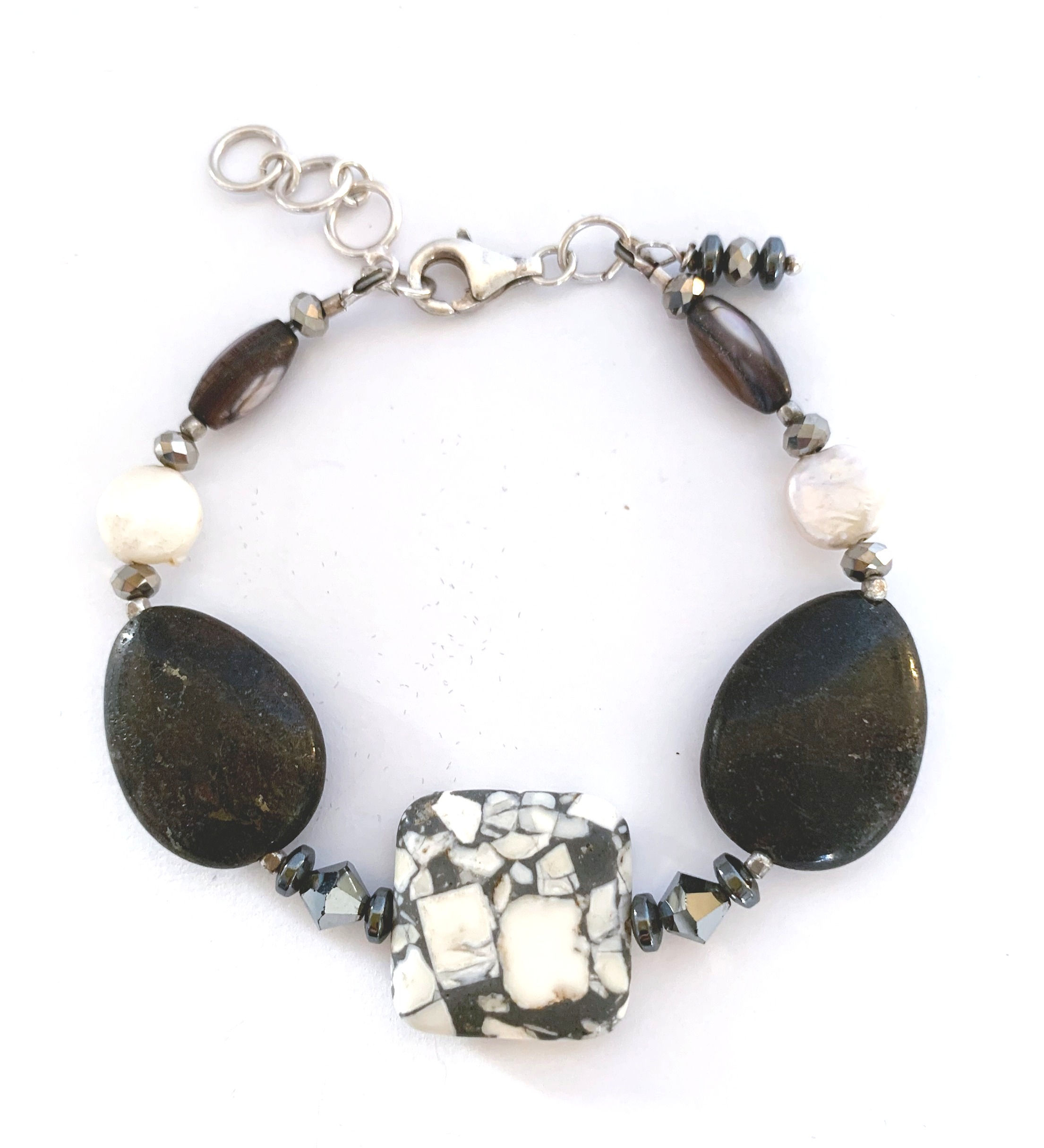 Sterling, Agate, Pearl, Crystal Stone Bracelet