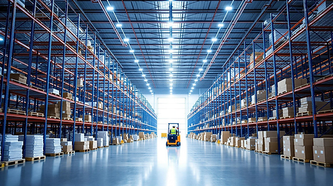 Modern logistics warehouse interior with high shelving, pallet racking, and optimized inventory storage