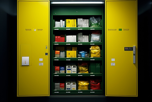 Industrial safety cabinet with organized chemical storage for logistics and warehousing safety.