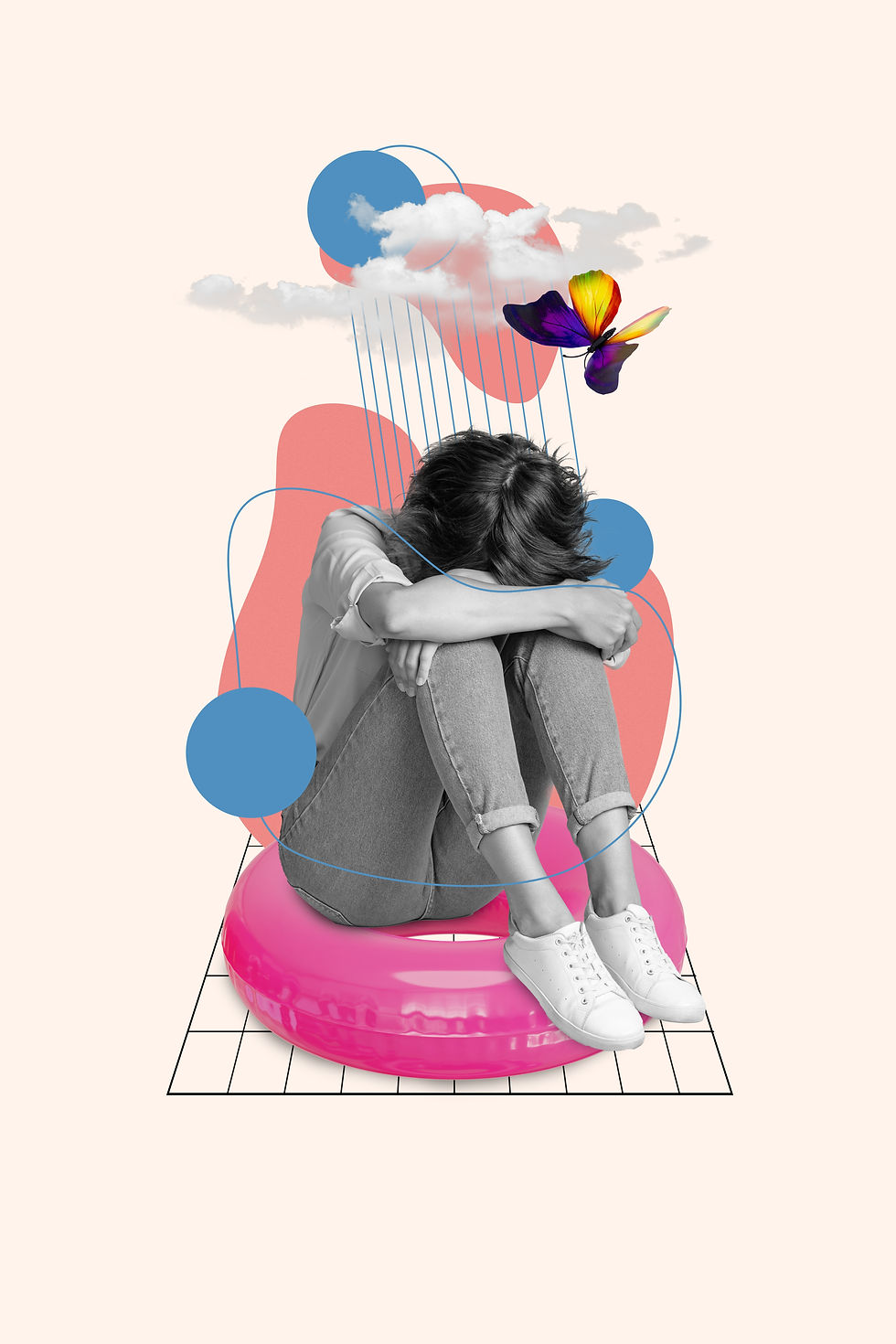 Collage of crying woman sitting grumpy her summer vacation failed rainy weather ruined dre