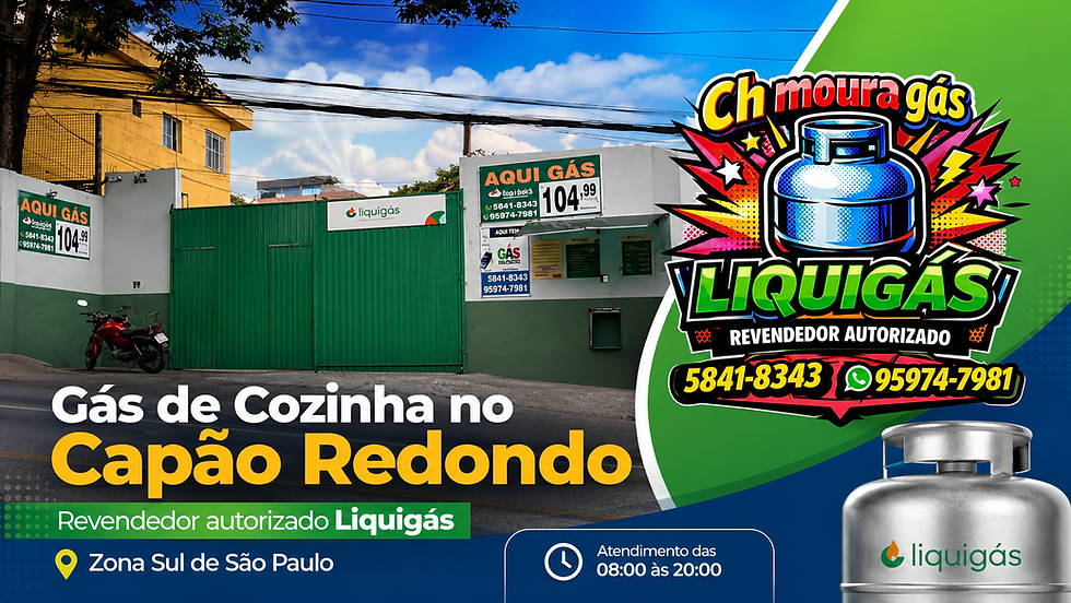 Fachada da Ch Moura Gás, revendedor autorizado Liquigás no Capão Redondo em São Paulo