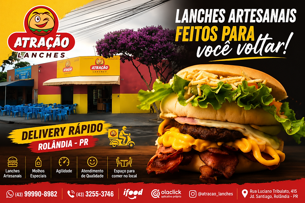 Lanches artesanais da Atração Lanches, delivery de lanches em Rolândia PR