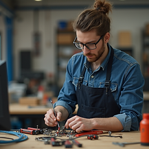 A focused student demonstrating electrical wiring in a workshop setting with tools, showin