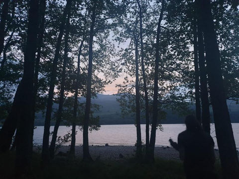 sunset by a loch, dark tree silhouettes.
