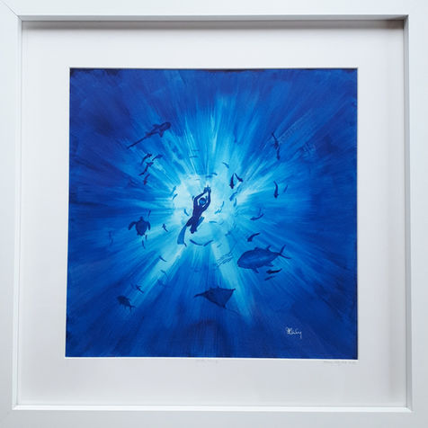 Ocean painting underwater freediver diving fish marine life blue white sunlight art