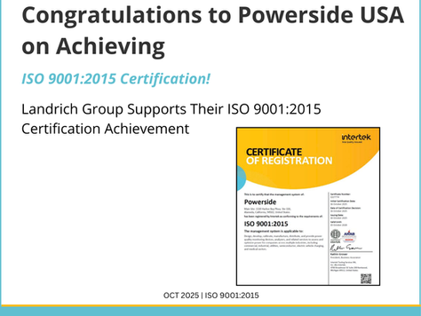 Congratulations to Powerside, USA,           on achieving ISO 9001:2015 certification