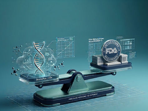 A 3D balance scale illustrating the evaluation of Companion Diagnostic (CDx) biomarker evidence against FDA regulatory requirements on a teal grid background. The left pan holds a glowing DNA double helix representing Biomarker / CDx data, while the right pan holds a building block with an FDA seal representing FDA Regulatory Requirements.
