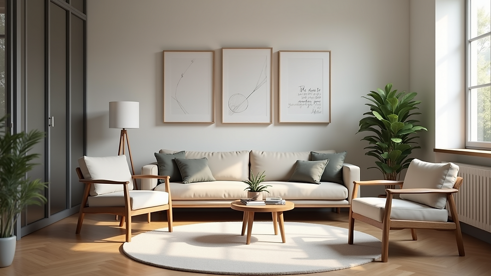 Eye-level view of a serene coaching space with comfortable seating and motivational decor