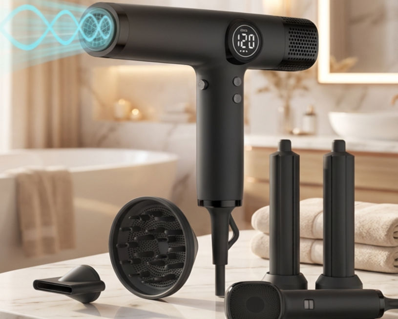 Eye-level view of Hairvion Styler with curling and straightening attachments