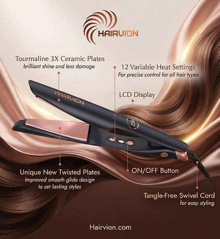 Hairvion 2-in-1 hair styler feature infographic highlighting ionic ceramic technology, adjustable heat settings, and ligh.