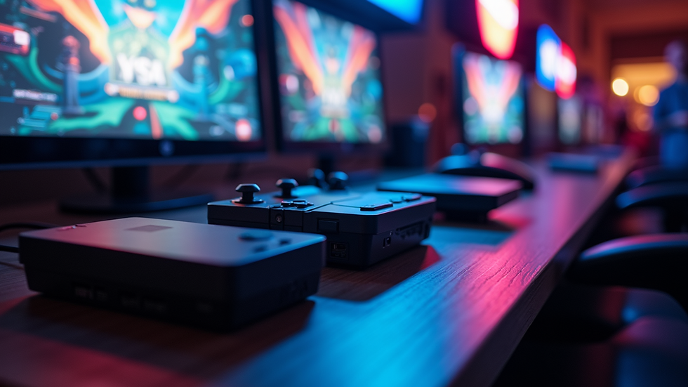 Close-up view of a gaming event setup with retro consoles and displays