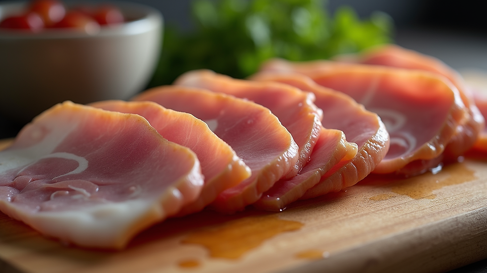 Close-up view of sliced ham on a wooden board