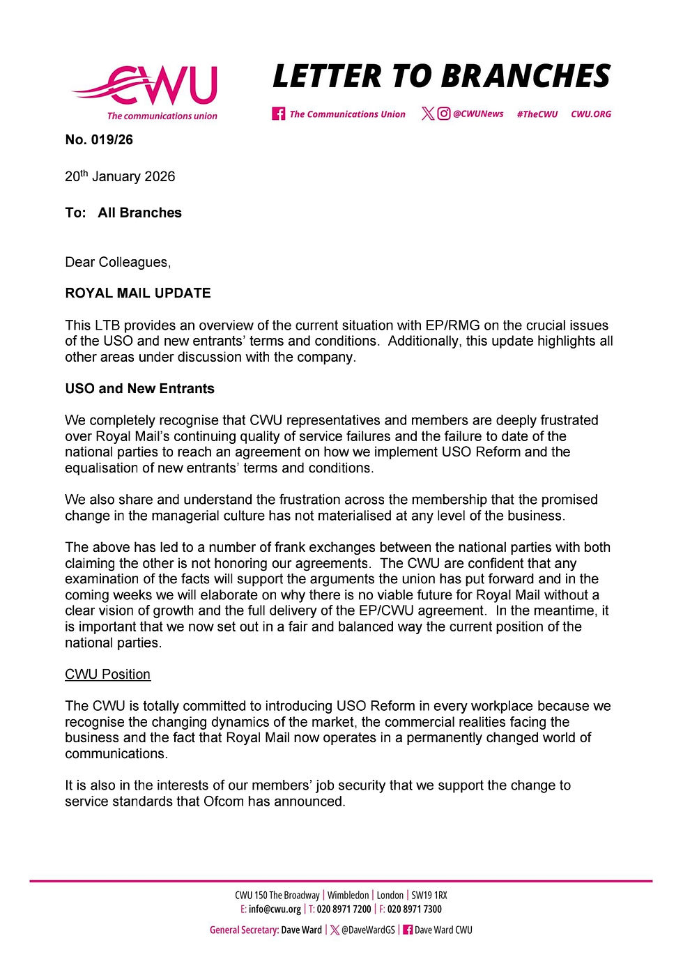 Royal Mail Update 20th January 2026