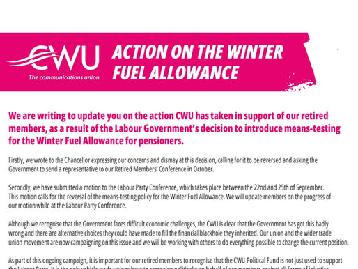 LTB 315/24 - CWU MOTIONS TO THIS YEAR’S LABOUR PARTY CONFERENCE – WINTER FUEL ALLOWANCE