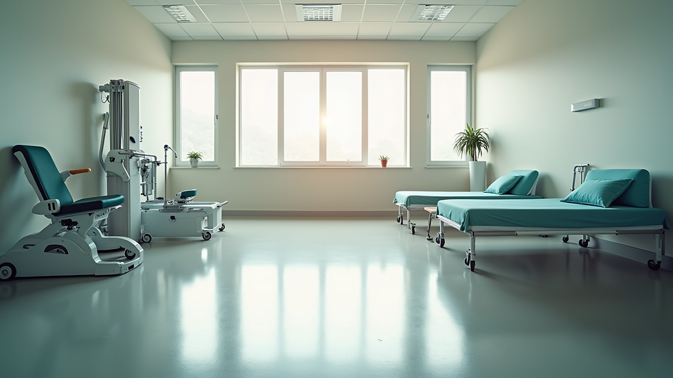 High angle view of a calm rehabilitation room with exercise equipment