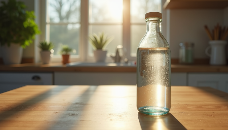 Nahaufnahme einer Glasflasche mit Mineralwasser auf einem Holztisch