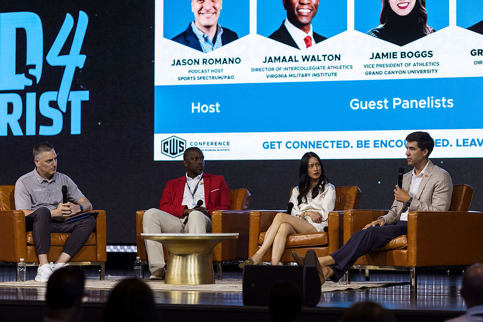 Photo of panelist discussing navigating uncertainty on stage.