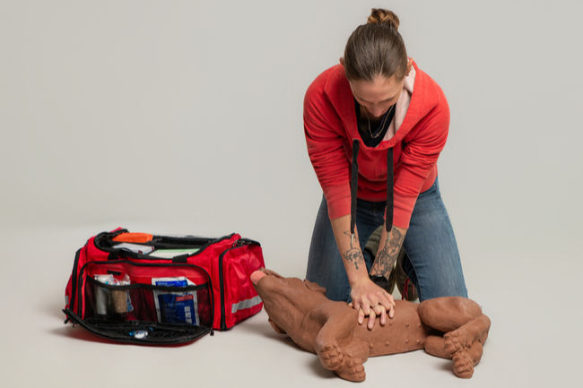 Femme en hoodie rouge pratiquant la réanimation sur un mannequin, à côté d’un sac de premiers secours rouge, fond gris.