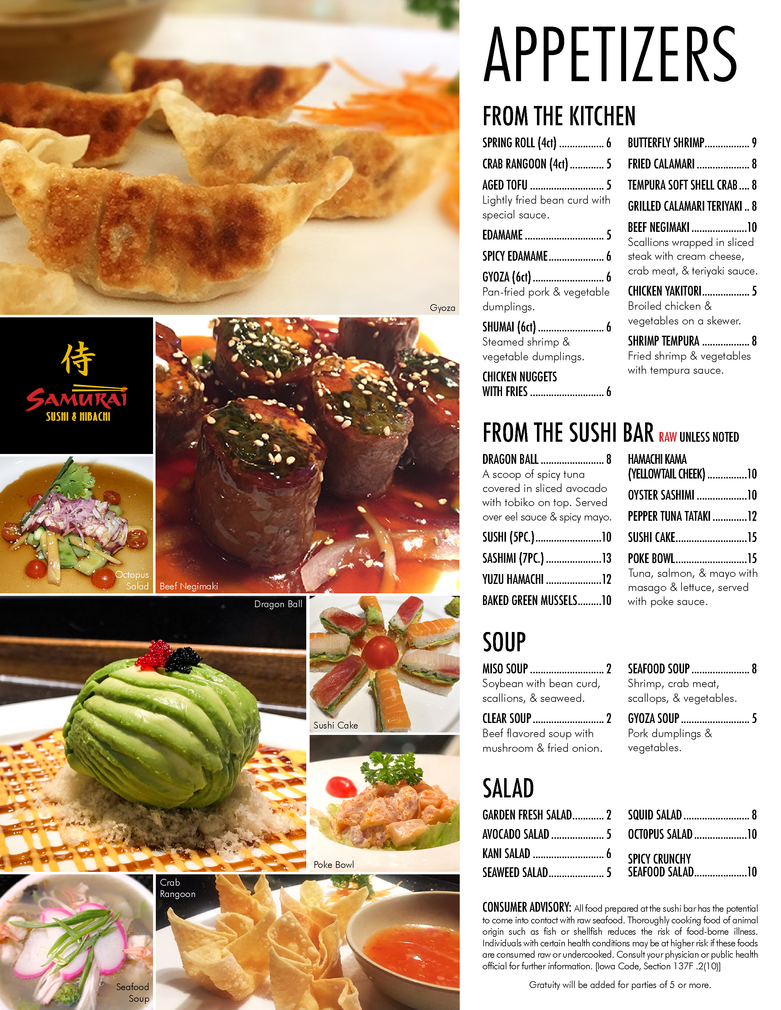 Menu West Des Moines, IA Samurai Sushi & Hibachi