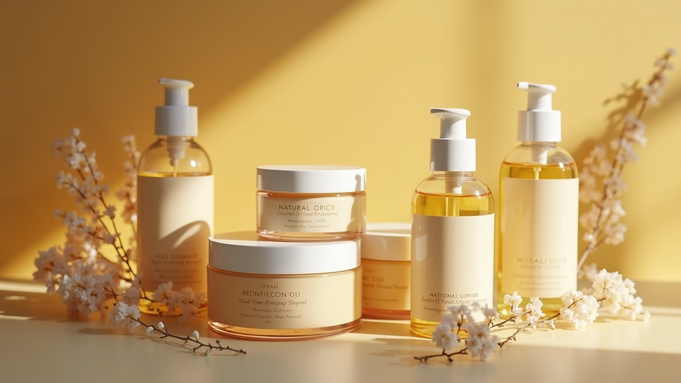 Eye-level view of a clean beauty wholesale supplier’s product display with natural oils and creams