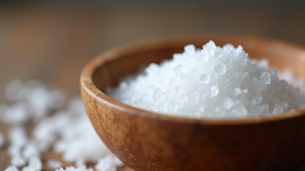 Close-up view of natural sea salt crystals in a wooden bowl