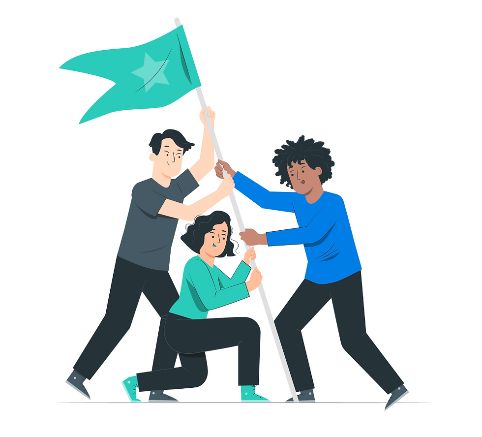 Teams working together toward a common goal - putting up a flag together