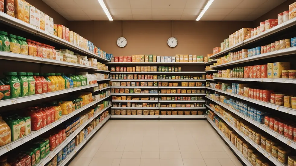 Wide angle view of a grocery shelf displaying various food items with clearly marked labels.