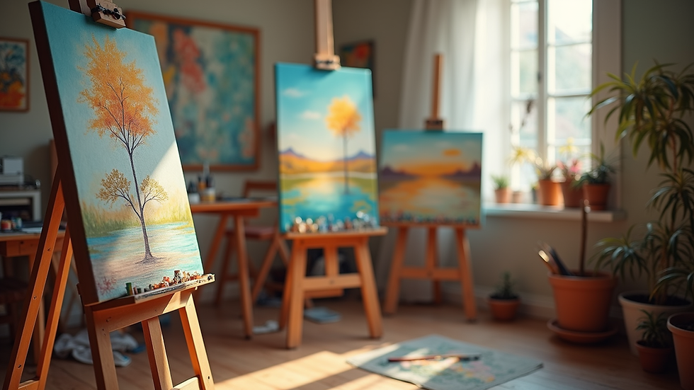 Eye-level view of a cozy art studio with easels and colorful paintings