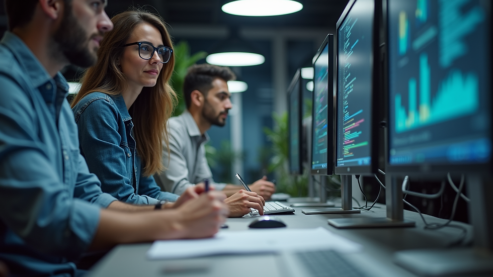 Eye-level view of a software development team collaborating on a project