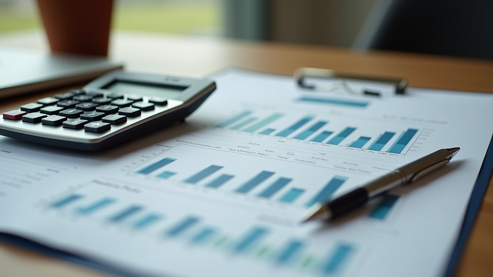 Close-up view of a calculator and financial reports on a wooden desk