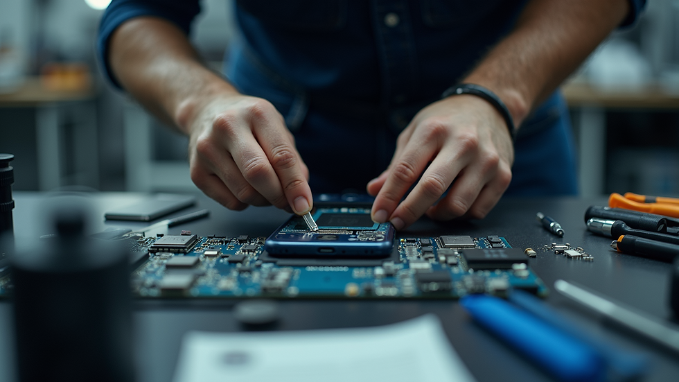 Eye-level view of a technician repairing a smartphone on a workbench
