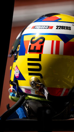 Close up of helmet in the pits.