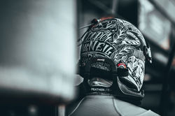 Close up of Cooper Macneils racing helmet.