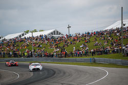 Mercedes driving past fans.